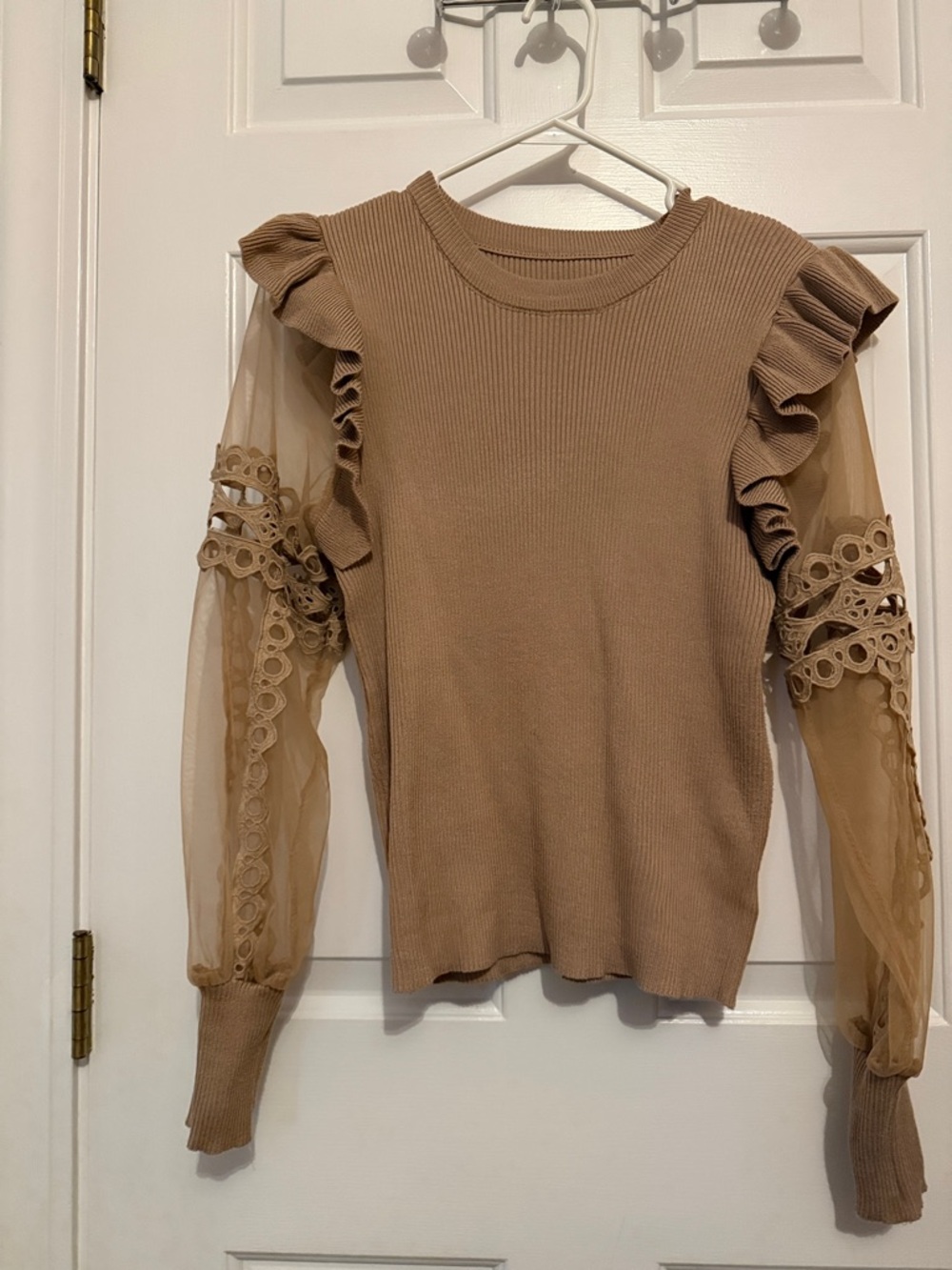 Chicwish Beige Ruffled Mesh-Sleeve Knit Top